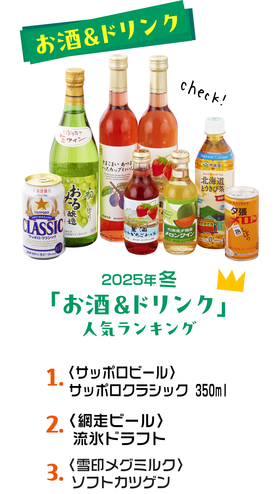 
						2024年 春「お酒＆ドリンク」人気ランキング
						1.〈サッポロビール〉サッポロクラシック 350ml
						2.〈雪印メグミルク〉ソフトカツゲン
						3.〈サッポロビール〉サッポロクラシック 500ml
						