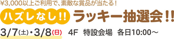 ￥3,000以上ご利用で、素敵な賞品が当たる！ハズレなし！！ラッキー抽選会！！3/7(土)・3/8(日) 4F 特設会場 各日10:00〜